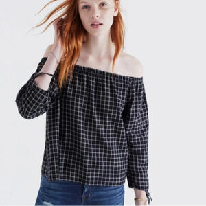 Madewell Blouse Plaid Off Shoulder Cold Shirt Black Bow Ties Top Size Small